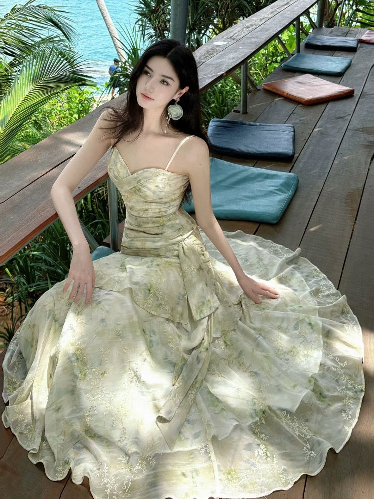 Sexy Mermaid Spaghetti Strap Floral Green Chiffon Full-hem Maxi Semi Formal Garden Date Night Outfit Wedding Guest Dresses RB5060