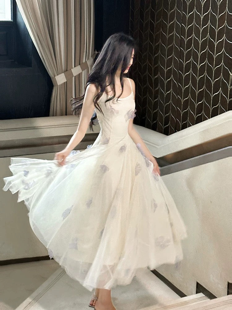 Simple Women's A line Spaghetti Strap White Tulle Sleeveless Date Night Outfits Outdoor Semi Formal Wedding Guest Dresses RB5061