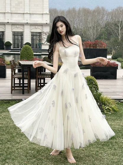 Simple Women's A line Spaghetti Strap White Tulle Sleeveless Date Night Outfits Outdoor Semi Formal Wedding Guest Dresses RB5061