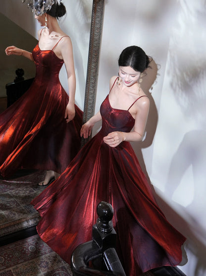 Elegant Women's A Line Maxi Dress Spaghetti Strap Burgundy Sleeveless Date Night Outfits Outdoor Semi Formal Wedding Guest Dresses RB5065