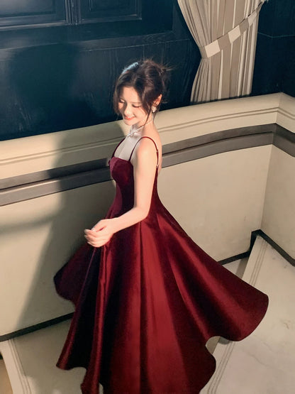 Elegant Women's A Line Maxi Dress Spaghetti Strap Burgundy Satin Sleeveless Date Night Outfits Outdoor Semi Formal Wedding Guest Dresses RB5066