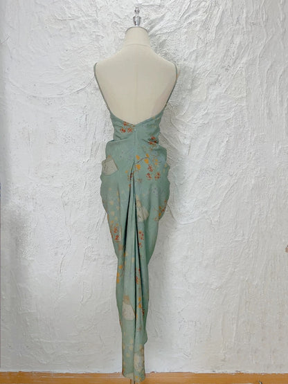 Dazzling Sheath Spaghetti Strap Green Chiffon With Ruffled Floral Outdoor Semi Formal Garden Beach Event Outfits Wedding Guest Dresses RB5069