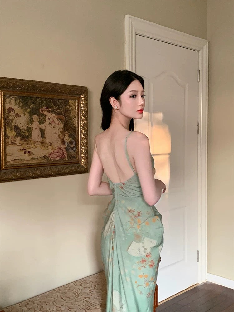 Dazzling Sheath Spaghetti Strap Green Chiffon With Ruffled Floral Outdoor Semi Formal Garden Beach Event Outfits Wedding Guest Dresses RB5069