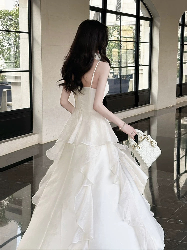 A line White Spaghetti Strap Chiffon With Ruffled Full-hem Maxi Semi Formal Garden Date Night Outfit Wedding Guest Dresses RB5070