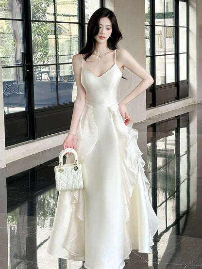 A line White Spaghetti Strap Chiffon With Ruffled Full-hem Maxi Semi Formal Garden Date Night Outfit Wedding Guest Dresses RB5070