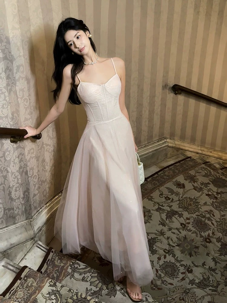 Pretty A line Spaghetti Strap Pink Tulle With Corset Back Full-hem Maxi Semi Formal Garden Date Night Outfit Wedding Guest Dresses RB5072