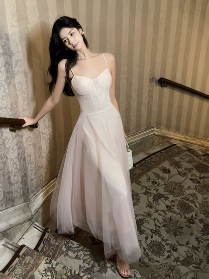 Pretty A line Spaghetti Strap Pink Tulle With Corset Back Full-hem Maxi Semi Formal Garden Date Night Outfit Wedding Guest Dresses RB5072