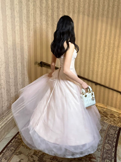 Pretty A line Spaghetti Strap Pink Tulle With Corset Back Full-hem Maxi Semi Formal Garden Date Night Outfit Wedding Guest Dresses RB5072