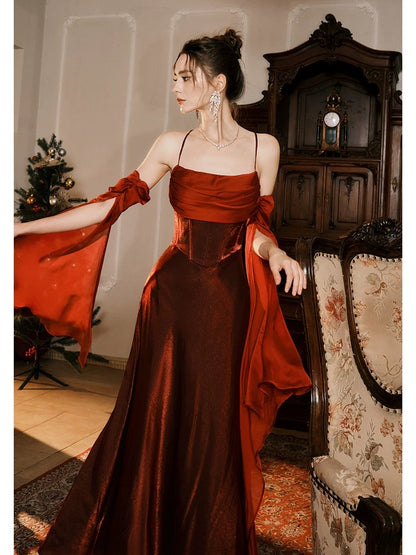 Pretty A line Spaghetti Strap Burgundy Satin Full-hem Maxi Semi Formal Garden Date Night Outfit Wedding Guest Dresses RB5073