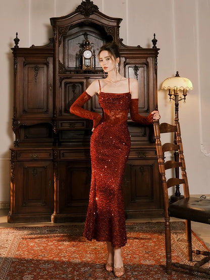Pretty Mermaid Spaghetti Strap Burgundy Sequin Full-hem Maxi Semi Formal Garden Date Night Outfit Wedding Guest Dresses RB5074