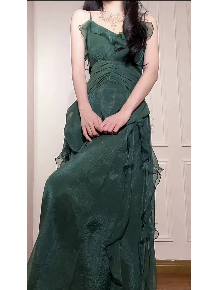 Princess Women's A Line Spaghetti Strap Dark Green Maxi Dress Strap Sleeveless Date Night Outfits Outdoor Semi Formal Wedding Guest Dresses RB5075