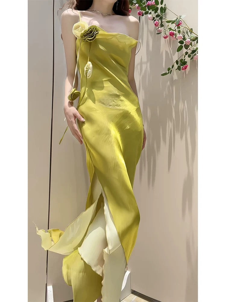 Princess Women's Mermaid Spaghetti Strap Yellow With High Split Maxi Dress Strap Sleeveless Date Night Outfits Outdoor Semi Formal Wedding Guest Dresses RB5076