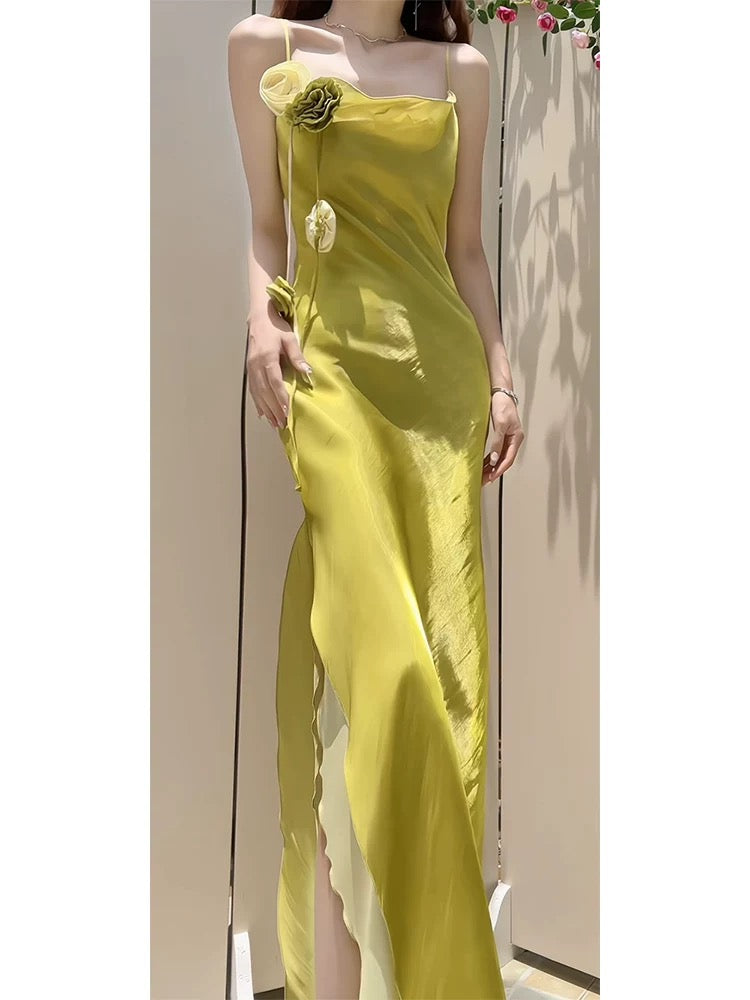 Princess Women's Mermaid Spaghetti Strap Yellow With High Split Maxi Dress Strap Sleeveless Date Night Outfits Outdoor Semi Formal Wedding Guest Dresses RB5076