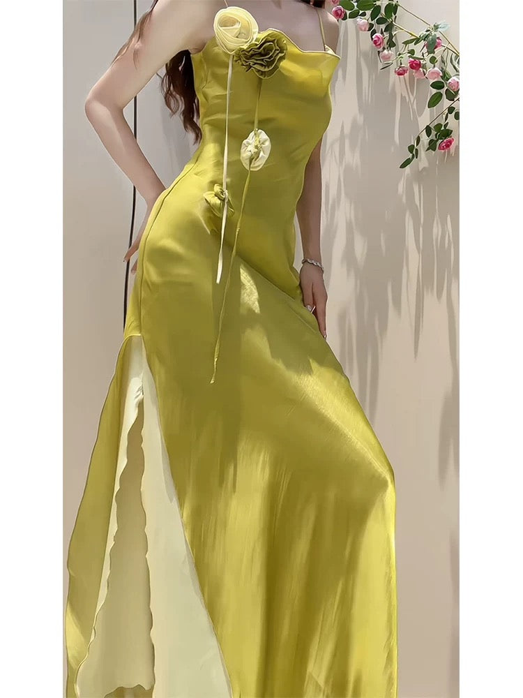 Princess Women's Mermaid Spaghetti Strap Yellow With High Split Maxi Dress Strap Sleeveless Date Night Outfits Outdoor Semi Formal Wedding Guest Dresses RB5076