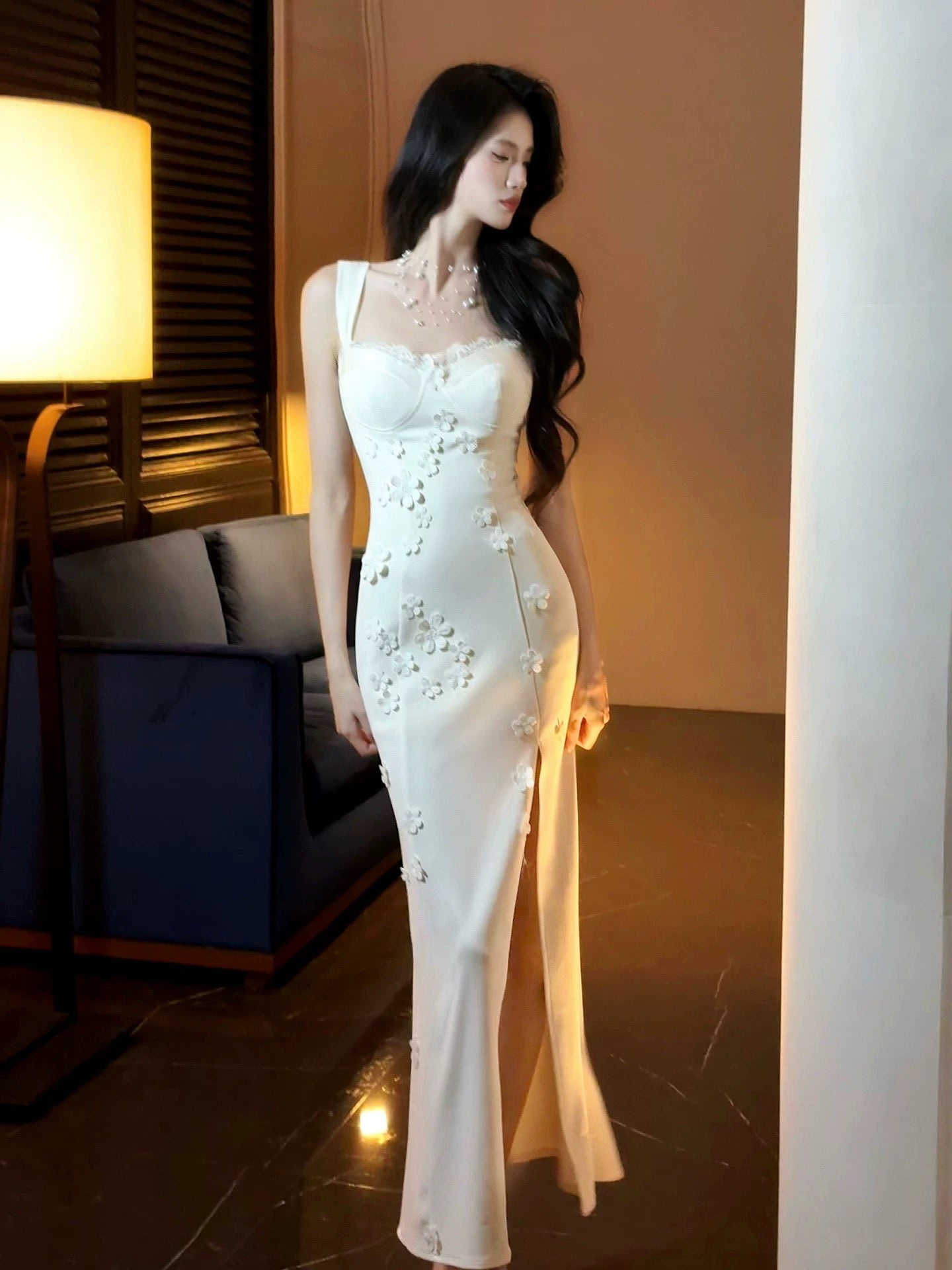 Sexy Women's Sheath Square Neck White Lace With High Split Maxi Dress Date Night Outfits Outdoor Semi Formal Wedding Guest Dresses RB5079