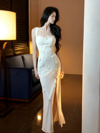 Sexy Women's Sheath Square Neck White Lace With High Split Maxi Dress Date Night Outfits Outdoor Semi Formal Wedding Guest Dresses RB5079