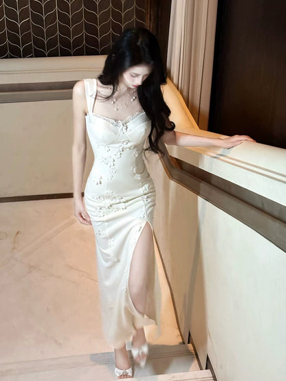 Sexy Women's Sheath Square Neck White Lace With High Split Maxi Dress Date Night Outfits Outdoor Semi Formal Wedding Guest Dresses RB5079