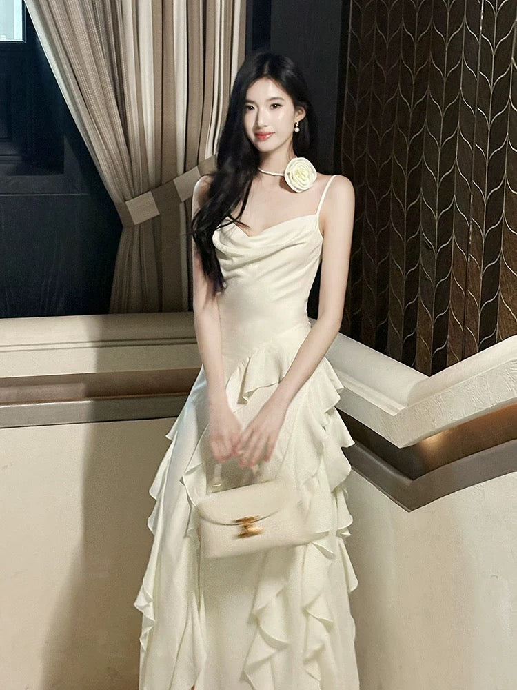 Pretty A line Spaghetti Strap White Satin Full-hem Maxi Semi Formal Garden Date Night Outfit Wedding Guest Dresses RB5081
