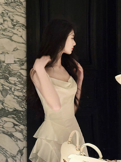 Pretty A line Spaghetti Strap White Satin Full-hem Maxi Semi Formal Garden Date Night Outfit Wedding Guest Dresses RB5081