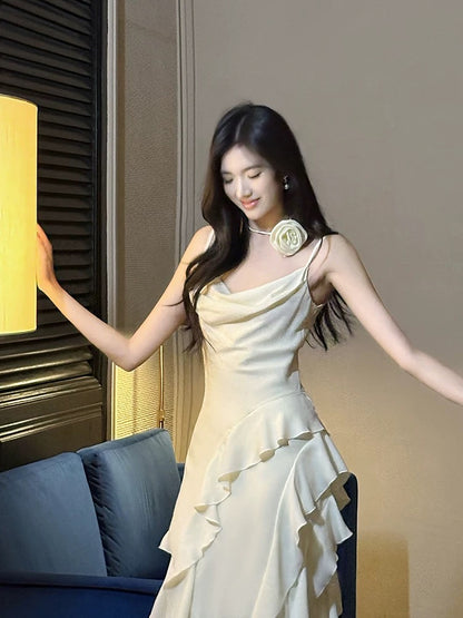 Pretty A line Spaghetti Strap White Satin Full-hem Maxi Semi Formal Garden Date Night Outfit Wedding Guest Dresses RB5081