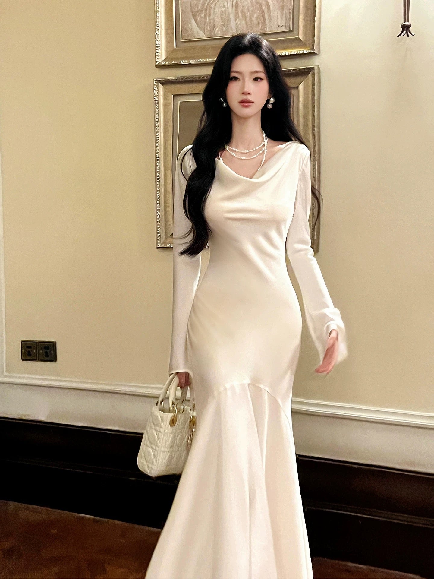 Artistic Mermaid Cowl Neck White Satin With Long Sleeve Outdoor Semi Formal Summer Garden Date Night Outfits Wedding Guest Dresses RB5082