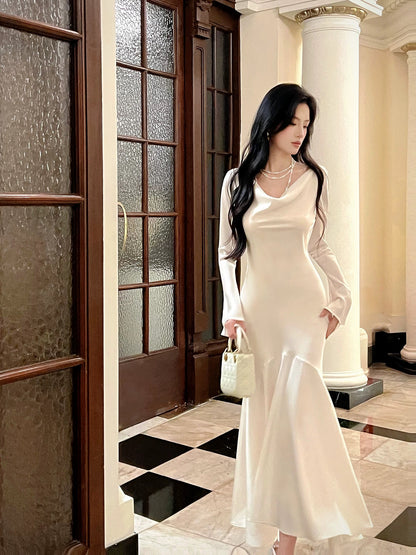 Artistic Mermaid Cowl Neck White Satin With Long Sleeve Outdoor Semi Formal Summer Garden Date Night Outfits Wedding Guest Dresses RB5082
