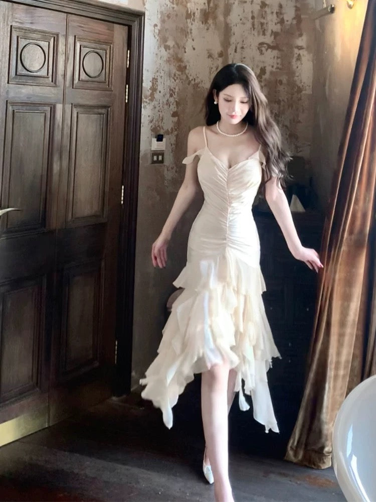 Pretty Mermaid Spaghetti Strap White Chiffon Tea Length Maxi Semi Formal Garden Date Night Outfit Wedding Guest Dresses RB5083