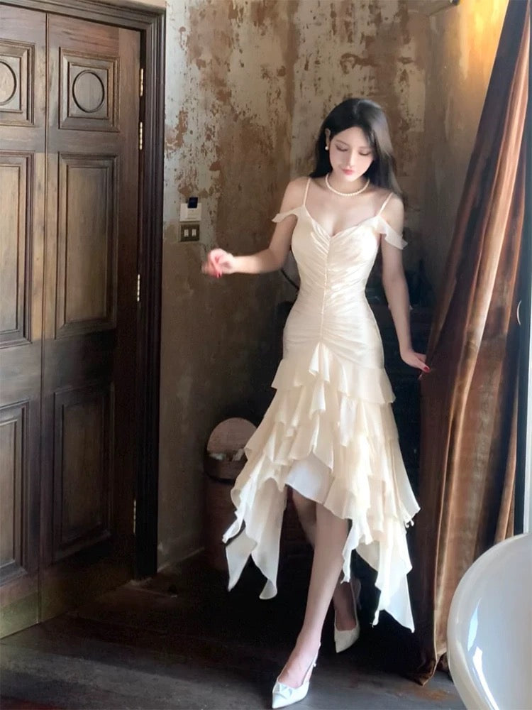 Pretty Mermaid Spaghetti Strap White Chiffon Tea Length Maxi Semi Formal Garden Date Night Outfit Wedding Guest Dresses RB5083