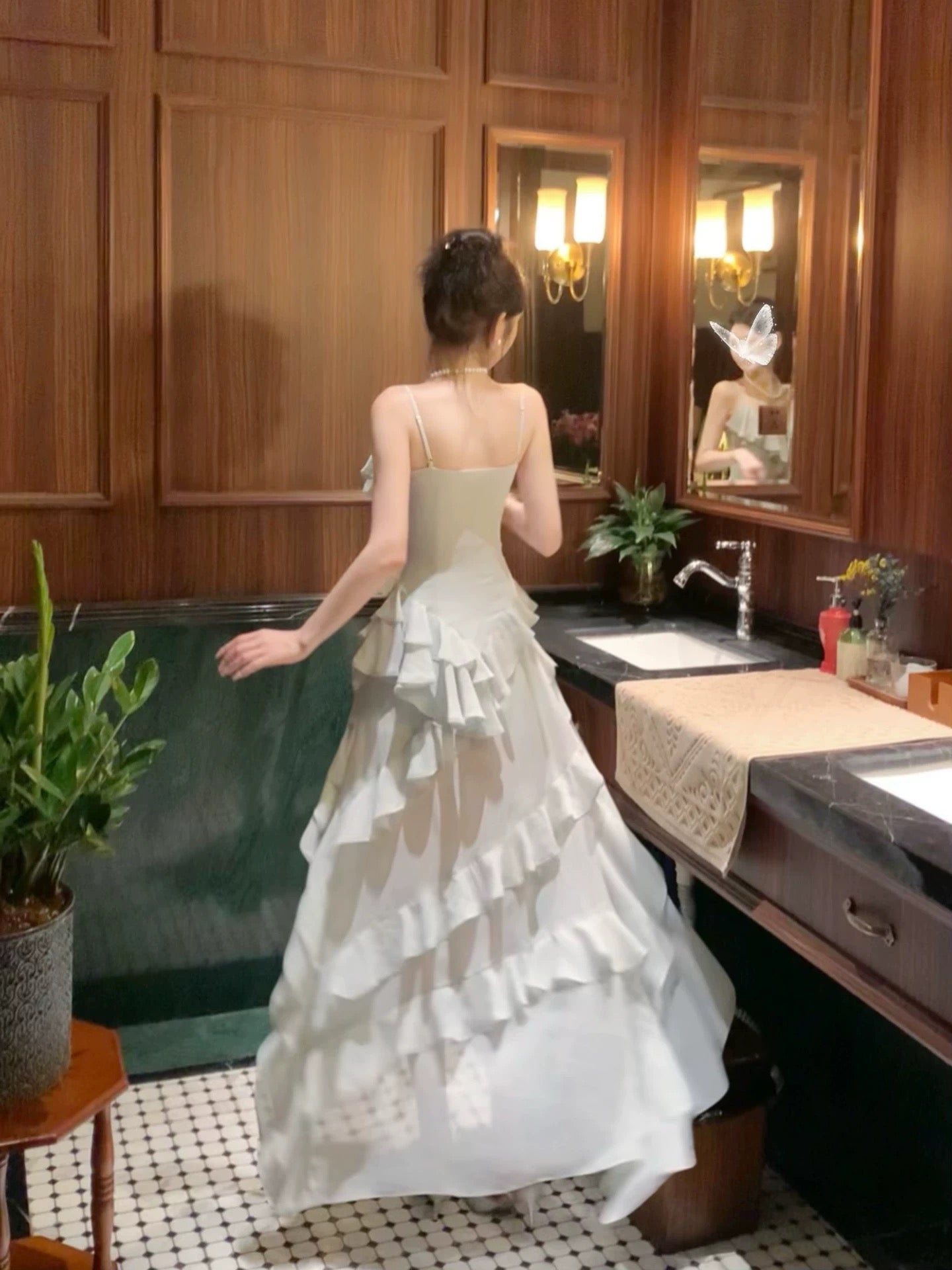 Sexy Women's High Low Spaghetti Strap White Chiffon With Layers Maxi Dress Date Night Outfits Outdoor Semi Formal Wedding Guest Dresses RB5084