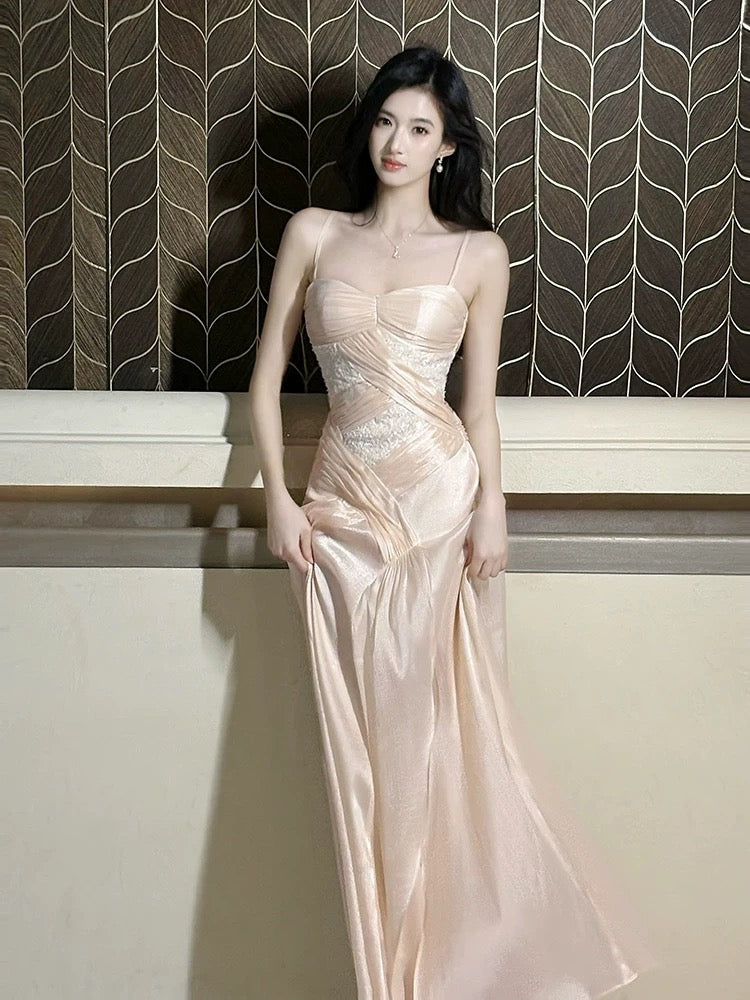 Pretty Mermaid Spaghetti Strap Pink Satin Ankle Length Maxi Semi Formal Garden Date Night Outfit Wedding Guest Dresses RB5085