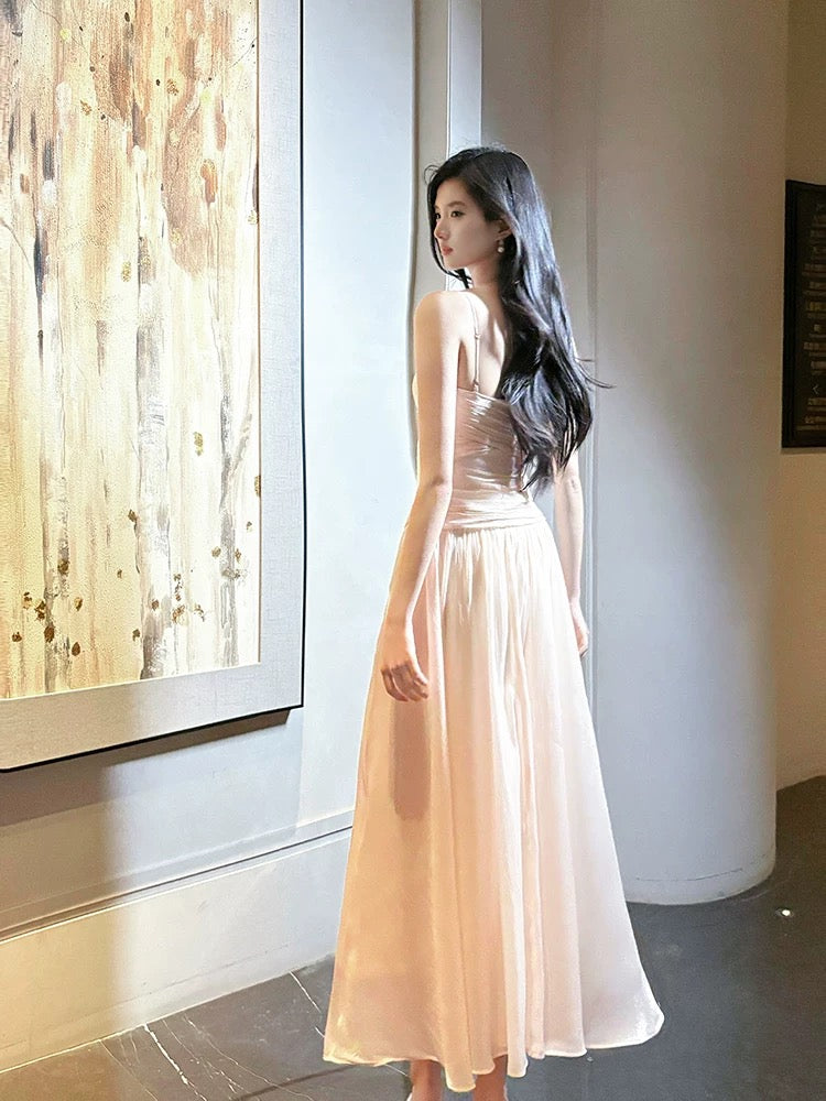 Pretty Mermaid Spaghetti Strap Pink Satin Ankle Length Maxi Semi Formal Garden Date Night Outfit Wedding Guest Dresses RB5085