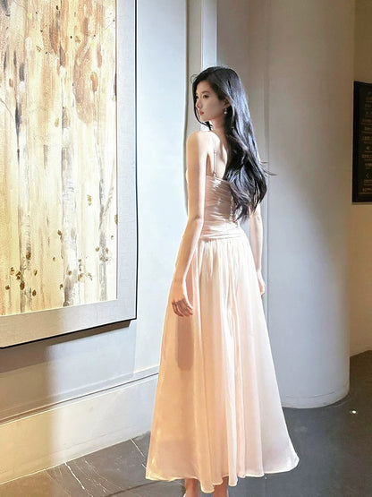 Pretty Mermaid Spaghetti Strap Pink Satin Ankle Length Maxi Semi Formal Garden Date Night Outfit Wedding Guest Dresses RB5085