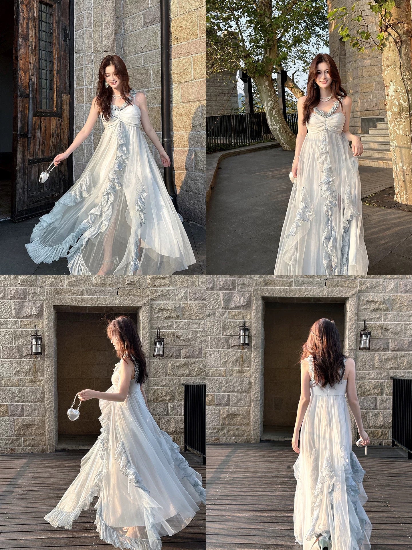 Pretty A Line Spaghetti Strap Light Sky Blue Tulle Ankle Length Maxi Semi Formal Garden Date Night Outfit Wedding Guest Dresses RB5087
