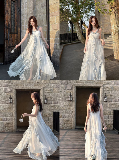 Pretty A Line Spaghetti Strap Light Sky Blue Tulle Ankle Length Maxi Semi Formal Garden Date Night Outfit Wedding Guest Dresses RB5087