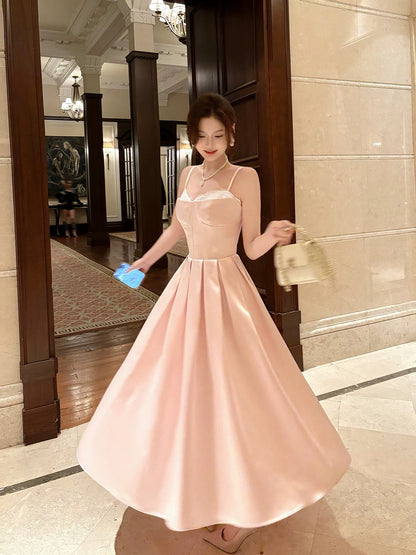 Sexy Women's A line Spaghetti Strap Pink Satin Midi Length Maxi Dress Date Night Outfits Outdoor Semi Formal Wedding Guest Dress RB5088