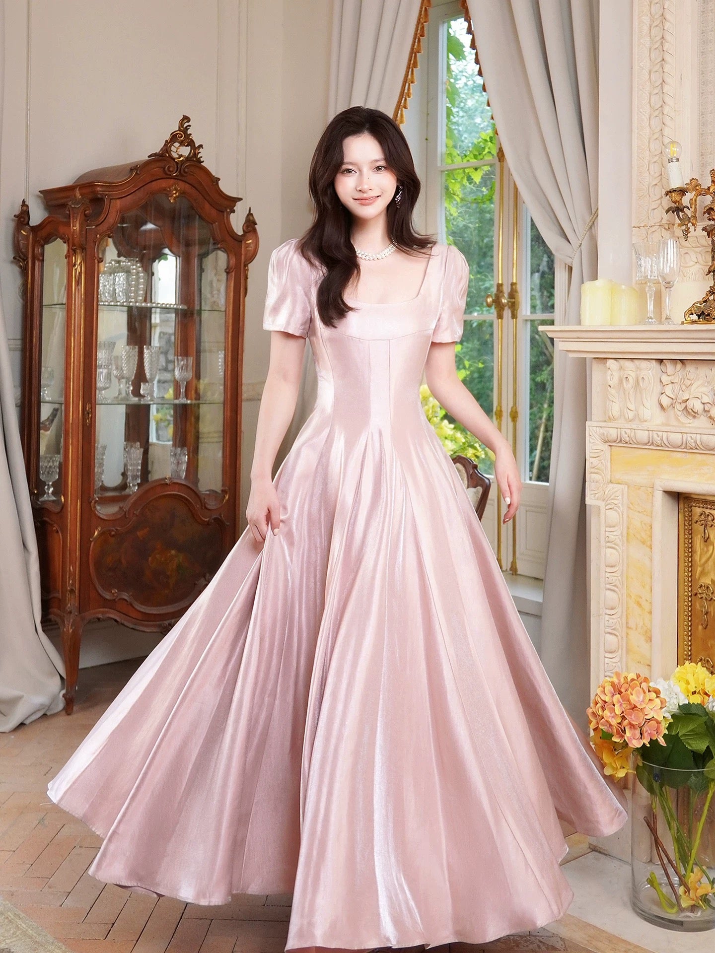 Unique Women's A line Square Neck Pink Satin Midi Length Maxi Dress Date Night Outfits Outdoor Semi Formal Wedding Guest Dress RB5090