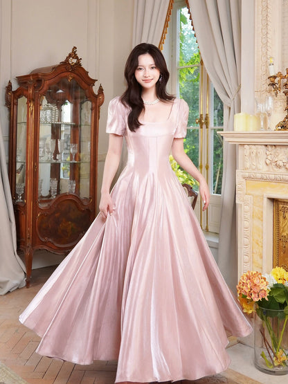 Unique Women's A line Square Neck Pink Satin Midi Length Maxi Dress Date Night Outfits Outdoor Semi Formal Wedding Guest Dress RB5090