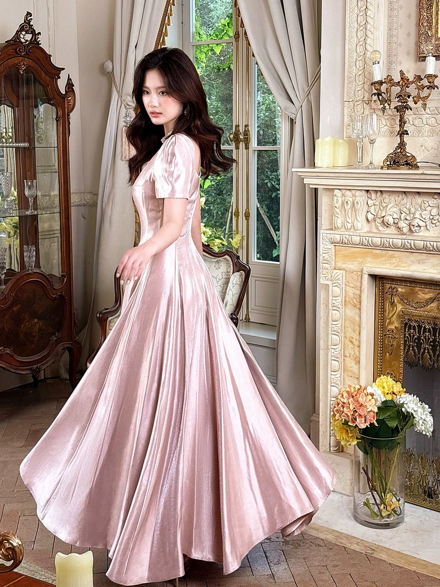 Unique Women's A line Square Neck Pink Satin Midi Length Maxi Dress Date Night Outfits Outdoor Semi Formal Wedding Guest Dress RB5090