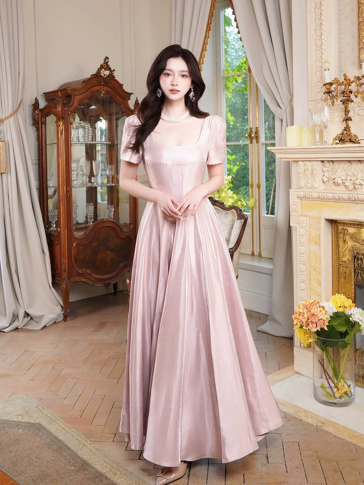 Unique Women's A line Square Neck Pink Satin Midi Length Maxi Dress Date Night Outfits Outdoor Semi Formal Wedding Guest Dress RB5090
