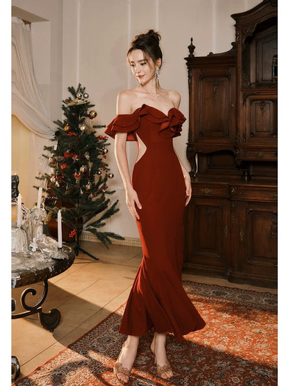 Pretty Mermaid Off The Shoulder Satin Burgundy Maxi Semi Formal Garden Date Night Outfit Wedding Guest Dresses RB5091