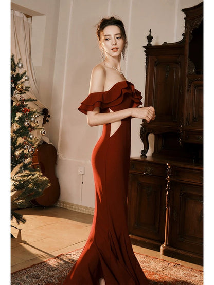 Pretty Mermaid Off The Shoulder Satin Burgundy Maxi Semi Formal Garden Date Night Outfit Wedding Guest Dresses RB5091