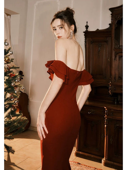 Pretty Mermaid Off The Shoulder Satin Burgundy Maxi Semi Formal Garden Date Night Outfit Wedding Guest Dresses RB5091