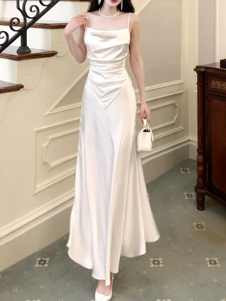Dazzling A Line Spaghetti Strap White Satin With Ruffled Outdoor Semi Formal Garden Beach Event Outfits Wedding Guest Dresses RB5091