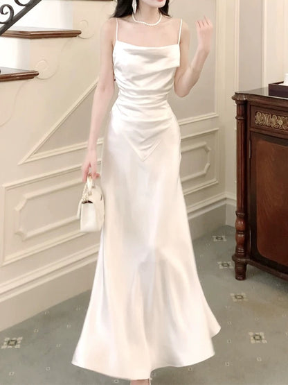 Dazzling A Line Spaghetti Strap White Satin With Ruffled Outdoor Semi Formal Garden Beach Event Outfits Wedding Guest Dresses RB5091