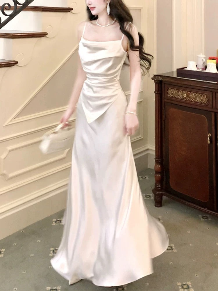 Dazzling A Line Spaghetti Strap White Satin With Ruffled Outdoor Semi Formal Garden Beach Event Outfits Wedding Guest Dresses RB5091