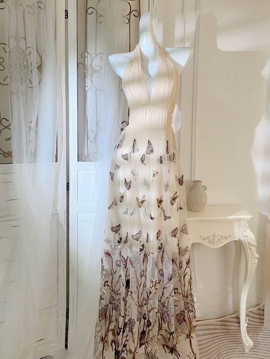 Unique Women's A line Halter Champagne Tulle With Lace Maxi Dress Date Night Outfits Outdoor Semi Formal Wedding Guest Dress RB5093