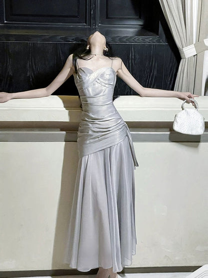 Unique Women's Mermaid Spaghetti Strap Grey With Ruffled Maxi Dress Date Night Outfits Outdoor Semi Formal Wedding Guest Dress RB5094