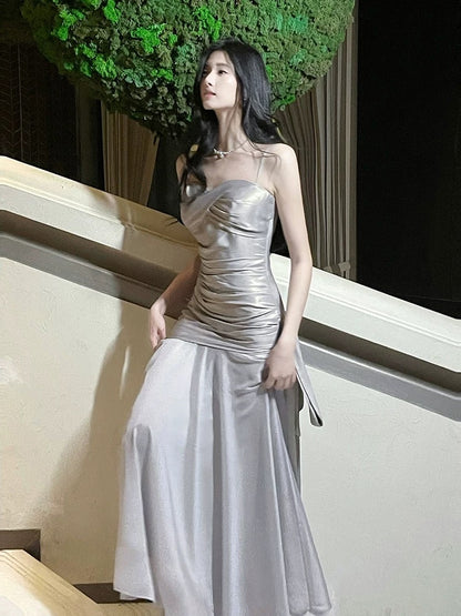 Unique Women's Mermaid Spaghetti Strap Grey With Ruffled Maxi Dress Date Night Outfits Outdoor Semi Formal Wedding Guest Dress RB5094