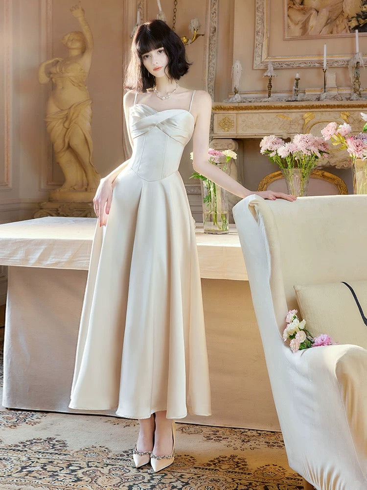 Unique Women's A Line Spaghetti Strap White Satin Maxi Dress Date Night Outfits Outdoor Semi Formal Wedding Guest Dress RB5096