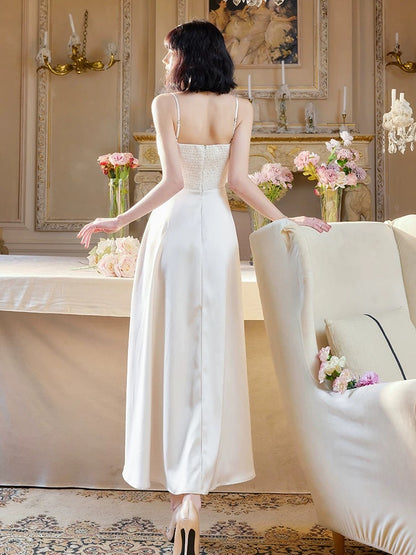 Unique Women's A Line Spaghetti Strap White Satin Maxi Dress Date Night Outfits Outdoor Semi Formal Wedding Guest Dress RB5096